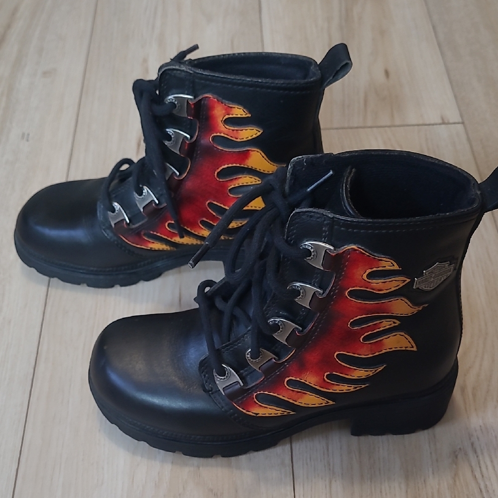 Harley-Davidson Kids Black and Yellow Flame Boots Size 5.5 - Picture 1 of 14